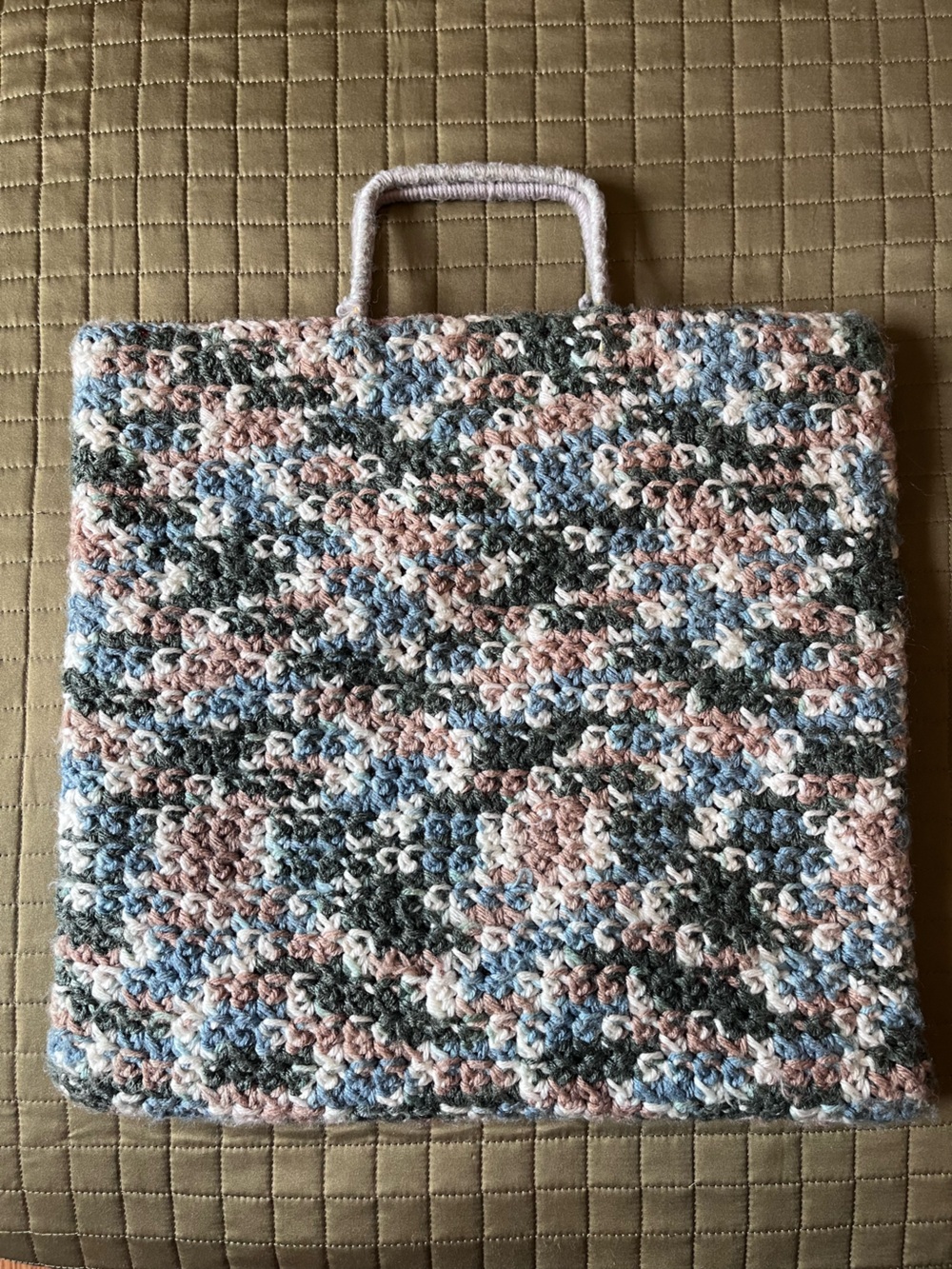 Vintage 70s Handmade Crochet Tote Bag Multicolor - Knit Mesh Frame 15x15in